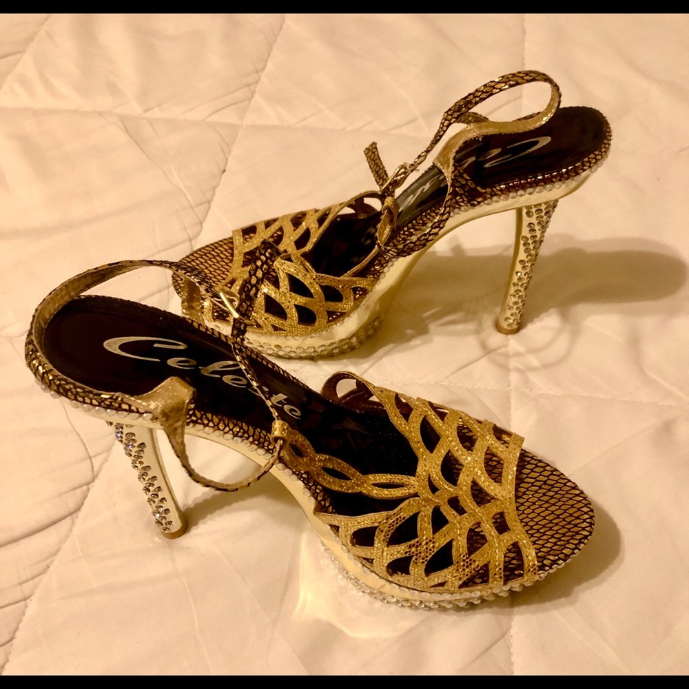 Celeste Golden Rhinestone Decor Ankle Strap Stiletto High Heels Sandals